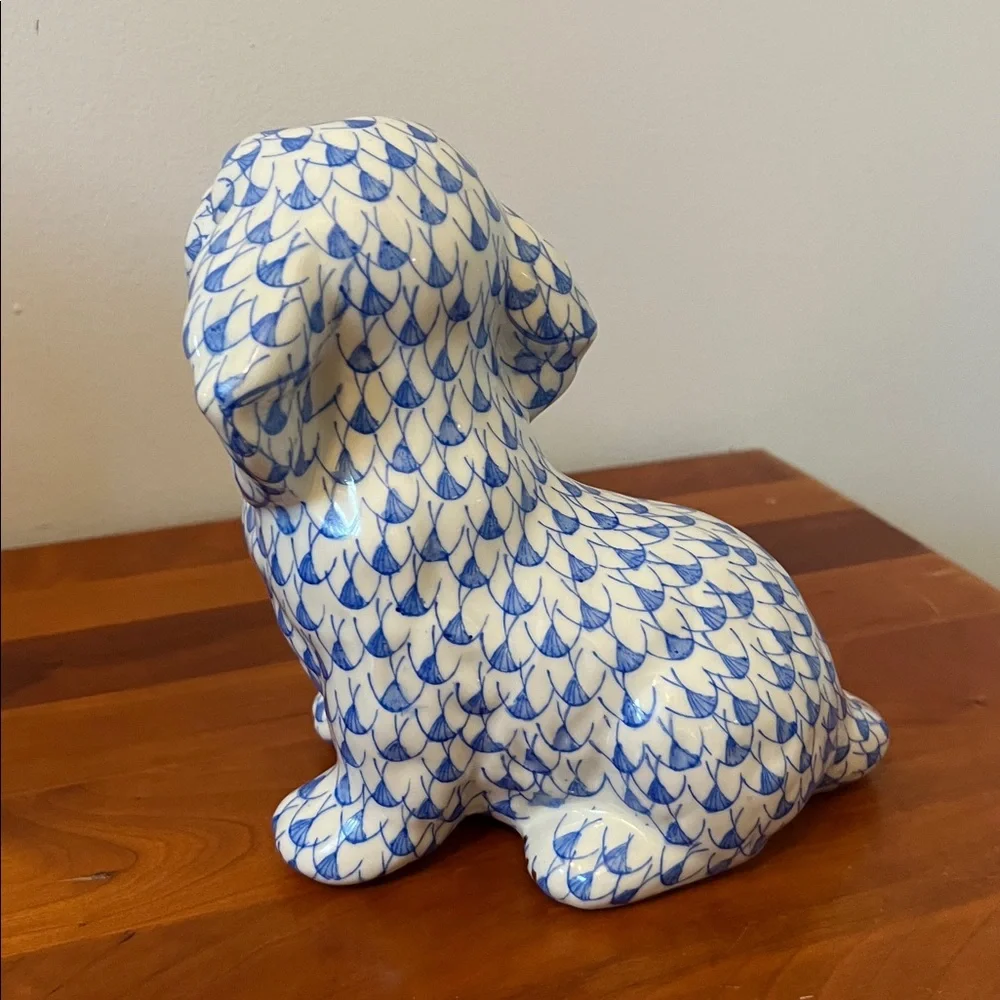 Blue White Fishnet Porcelain Herend Style Dog Vintage Chinoiserie Decor - Picture 4 of 7